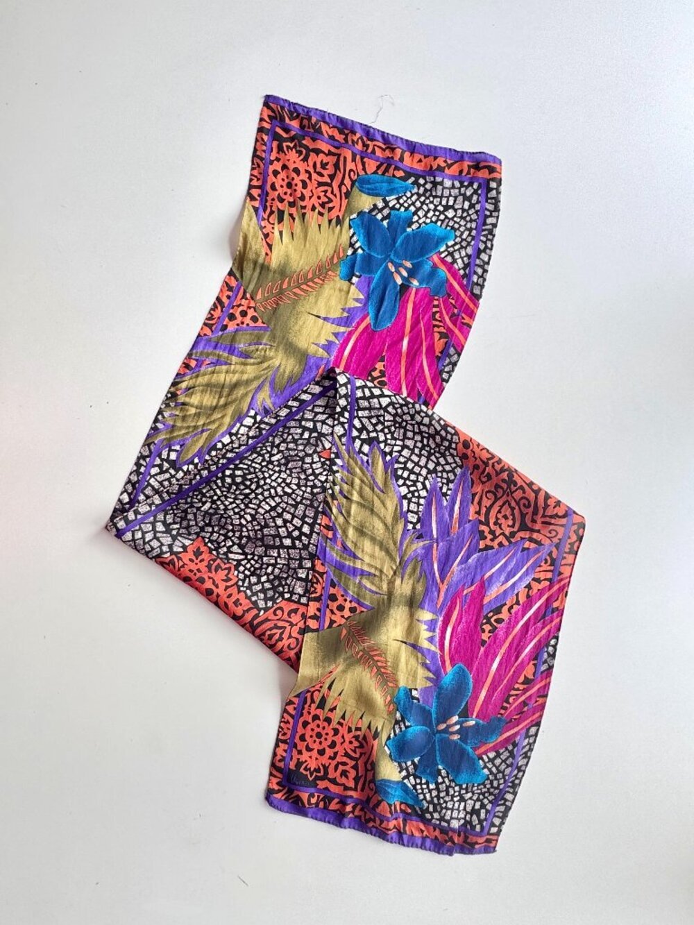 Vintage VERA Multicolor Floral Graphic Silk Crepe 52" x 10" Rectangle Scarf